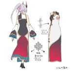  1girl arms_at_sides bare_shoulders black_footwear china_dress chinese_clothes concept_art detached_sleeves dress facing_away fate/grand_order fate_(series) from_behind high_heels highres hip_vent horns long_dress long_sleeves multicolored multicolored_clothes multicolored_dress official_art ponytail purple_hair shirabi simple_background tomoe_gozen_(fate/grand_order) translation_request white_background 