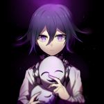  1boy black_background checkered checkered_scarf commentary_request dangan_ronpa frown hair_between_eyes highres holding holding_mask huyuharu0214 jacket long_sleeves looking_at_viewer male_focus mask new_dangan_ronpa_v3 ouma_kokichi purple_background purple_hair scarf solo straitjacket two-tone_background violet_eyes white_jacket 