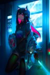  1girl absurdres animal_ears arknights black_hair black_legwear cola cyberpunk highres holding holding_weapon jacket jacket_on_shoulders jewelry leg_up long_hair looking_at_viewer necklace shirt shoes solo standing sword t-shirt tail texas_(arknights) user_ffrk5252 vending_machine weapon wolf_ears wolf_tail 