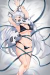  1girl animal_ear_fluff animal_ears arknights armpits arms_up bare_arms bikini black_bikini breasts commentary feet_out_of_frame gappt grey_eyes groin highres large_breasts leopard_ears leopard_tail long_hair navel pramanix_(arknights) silver_hair solo stomach swimsuit tail thighs very_long_hair 