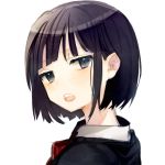  1girl bangs black_shirt blue_eyes blush commentary_request kawaii_rowa looking_at_viewer open_mouth original portrait purple_hair red_neckwear round_teeth shirt short_hair simple_background solo teeth white_background 