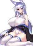  1girl animal_ears bare_shoulders breasts collar covered_navel eyebrows_visible_through_hair fox_ears fox_girl fox_tail hair_between_eyes highres huge_breasts kutan leotard looking_at_viewer original silver_hair simple_background sitting sleeveless smile solo tail thigh-highs violet_eyes white_background 