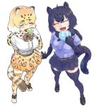  2girls ahoge animal_ears animal_print arm_at_side bangs belt black_hair black_jaguar_(kemono_friends) blonde_hair blush bow bowtie breast_pocket breasts brown_hair cat_girl collaboration commentary_request eating elbow_gloves eyebrows_visible_through_hair food food_on_face full_body fur_scarf gloves hair_between_eyes hand_up happy holding holding_food jaguar_(kemono_friends) jaguar_ears jaguar_girl jaguar_print jaguar_tail japari_bun kemono_friends medium_hair miniskirt multicolored_hair multiple_girls ogami_tadashina open_mouth outstretched_arm outstretched_hand pocket print_gloves print_legwear print_scarf print_skirt purple_shirt scarf shirt shoes short_sleeves simple_background skirt smile spread_fingers standing tail thigh-highs tmtkn1 v-shaped_eyebrows white_background white_hair white_shirt zettai_ryouiki 