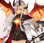  1girl arknights bangs black_gloves black_sweater blush breasts coat dragon_horns dragon_tail dragon_wings eyebrows_visible_through_hair fang fiery_wings fire gloves green_eyes grey_background grey_hair horns long_hair long_sleeves multiple_horns off_shoulder open_mouth reed_(arknights) sidelocks simple_background skin_fang solo soukou_makura sweater tail turtleneck turtleneck_sweater white_coat wings 