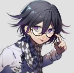  1boy black_hair checkered checkered_scarf commentary_request dangan_ronpa eyebrows_visible_through_hair glasses gradient gradient_background grey_background hand_up highres huyuharu0214 layered_sleeves long_sleeves looking_at_viewer male_focus multicolored_hair new_dangan_ronpa_v3 ouma_kokichi pointing pointing_at_self purple_hair scarf smile solo straitjacket tongue tongue_out two-tone_hair upper_body violet_eyes 
