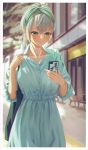  1girl absurdres alternate_hairstyle bag bangs blush breasts casual cellphone dress earrings green_eyes handbag highres hololive jewelry large_breasts looking_at_phone phone rocoroco1115 shirogane_noel short_hair silver_hair smile solo tied_hair virtual_youtuber 