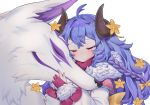  1girl absurdres ahoge blue_hair braid closed_eyes closed_mouth curled_horns fur_collar highres horns kindred lamb_(league_of_legends) league_of_legends long_hair long_sleeves looking_at_another meowlian puffy_sleeves shirt simple_background spirit_blossom_kindred white_background white_shirt wolf wolf_(league_of_legends) 
