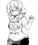  1girl abs berusuke_(beru_no_su) commentary_request eyebrows_visible_through_hair glasses greyscale looking_at_viewer monochrome shirt short_sleeves simple_background solo sweat touhou translation_request two_side_up upper_body usami_sumireko white_background 