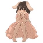  1girl :d animal_ears barefoot blush brown_hair carrot_necklace dress eyebrows_visible_through_hair hands_up highres inaba_tewi inazakura00 looking_at_viewer open_mouth pink_dress rabbit_ears red_eyes short_hair simple_background sitting smile solo touhou white_background 