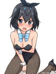  1girl :o arm_under_breasts bangs bare_shoulders between_legs black_footwear black_hair black_leotard blue_bow blue_eyes blush bow bowtie breasts detached_collar eyebrows_visible_through_hair fishnet_legwear fishnets greater_lophorina_(kemono_friends) hair_between_eyes hairband hand_between_legs head_wings high_heels highres kemono_friends leotard looking_at_viewer medium_breasts pantyhose shiraha_maru shoes short_hair simple_background sitting solo tearing_up twitter_username wariza white_background wrist_cuffs 