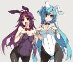  2girls animal_ears ass_visible_through_thighs asuna_(sao) asuna_(sao-alo) bangs black_legwear black_leotard blue_eyes blue_hair blush bow bowtie breasts bunnysuit covered_navel cowboy_shot detached_collar fake_animal_ears fang flat_chest grey_background hairband hands_on_own_chest leotard long_hair looking_at_viewer looking_to_the_side medium_breasts multiple_girls open_mouth pantyhose pointy_ears purple_hair purple_leotard rabbit_ears red_eyes red_hairband red_neckwear shikei simple_background skin_fang strapless strapless_leotard sword_art_online wrist_cuffs yuuki_(sao) 