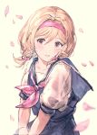  1girl bangs blonde_hair blue_sailor_collar blue_skirt blue_vest blush braid brown_background brown_eyes collarbone commentary_request djeeta_(granblue_fantasy) eyebrows_visible_through_hair granblue_fantasy hair_between_eyes hair_over_shoulder hairband highres long_hair milli_little neckerchief parted_lips petals pink_hairband pink_neckwear pleated_skirt puffy_short_sleeves puffy_sleeves sailor_collar school_uniform serafuku shirt short_sleeves simple_background skirt solo twin_braids vest white_shirt 