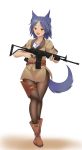  1girl animal_ears assault_rifle blue_hair blush breasts cosplay dark_skin dog_ears dog_girl dog_tail galil_(girls_frontline) galil_(girls_frontline)_(cosplay) galil_ar_(upotte!!) girls_frontline gun highres imi_galil medium_breasts medium_hair namesake orange_eyes pantyhose puffywaffles rifle smile solo tail upotte!! weapon 