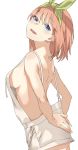  1girl ass bangs bare_arms bare_shoulders blush breasts brown_hair commentary_request eyebrows_visible_through_hair go-toubun_no_hanayome gob_susujiro green_ribbon hair_between_eyes hair_ribbon head_tilt highres looking_at_viewer looking_to_the_side medium_breasts nakano_yotsuba open_mouth overall_skirt ribbon sideboob simple_background smile solo upper_teeth white_background 