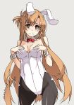  1girl animal_ears ass_visible_through_thighs asuna_(sao) bangs black_legwear blush breasts brown_eyes brown_hair bunnysuit cowboy_shot dated detached_collar fake_animal_ears grey_background hands_on_hips highres leotard long_hair looking_at_viewer medium_breasts pantyhose rabbit_ears shikei solo strapless strapless_leotard sword_art_online wrist_cuffs 