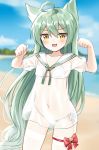  1girl :3 :d absurdly_long_hair ahoge akashi_(azur_lane) alternate_costume azur_lane beach bikini blue_sky blurry clouds cloudy_sky collarbone commentary_request covered_navel depth_of_field dress flat_chest green_hair highres horizon long_hair looking_at_viewer mole mole_under_eye open_mouth paw_pose sailor_dress see-through see-through_dress shengtian side-tie_bikini sky smile solo swimsuit thigh-highs very_long_hair white_bikini white_legwear yellow_eyes zettai_ryouiki 