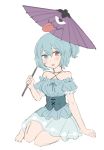  1girl :p absurdres bare_shoulders blue_eyes blue_hair blue_shirt blue_skirt cross-laced_footwear hand_up heterochromia highres holding holding_umbrella inazakura00 looking_at_viewer ponytail puffy_short_sleeves puffy_sleeves red_eyes shirt short_sleeves simple_background sitting skirt smile solo tatara_kogasa tongue tongue_out touhou umbrella underbust white_background yokozuwari 