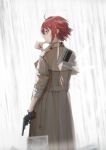  1girl absurdres ahoge arknights black_gloves brown_coat cjmy coat commentary_request cowboy_shot exusiai_(arknights) from_behind gloves gun halo hand_up handgun highres holding holding_gun holding_weapon long_sleeves profile redhead revolver short_hair single_glove solo standing weapon 