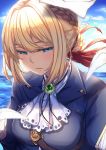  1girl bangs blue_eyes blue_jacket blue_sky blush braid brooch clouds crown_braid english_commentary envelope eyebrows_visible_through_hair hair_between_eyes hair_intakes highres jacket jewelry looking_down pink_lips red_ribbon ribbon sidelocks sky strap tenmuki violet_evergarden violet_evergarden_(character) water white_neckwear 