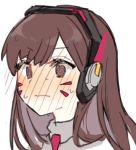  1girl bangs blush brown_hair closed_mouth commentary_request d.va_(overwatch) full-face_blush headset kawaii_rowa long_hair lowres overwatch simple_background solo spiral_eyes sweatdrop swept_bangs white_background 