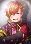  1boy closed_eyes earrings hood hooded_jacket jacket looking_at_viewer multicolored_hair multiple_boys offtoon12 open_mouth orange_hair project_sekai red_jacket shinonome_akito short_hair simple_background smile two-tone_hair yellow_eyes 
