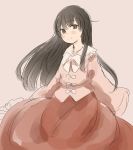 1girl black_hair blouse bow bowtie brown_eyes closed_mouth floating_hair grey_background highres houraisan_kaguya inazakura00 long_hair long_skirt long_sleeves looking_at_viewer pink_blouse red_skin simple_background skirt smile solo standing touhou white_bow white_neckwear