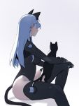  1girl animal_ears black_legwear bodysuit breasts cat cat_ears cat_tail dongho_kang facing_away grey_background large_breasts leotard long_hair looking_afar original profile silver_hair simple_background sitting solo tail thigh-highs 