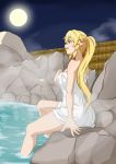  1girl :d absurdres bangs blonde_hair braid breasts eyebrows_visible_through_hair from_side full_moon green_eyes hair_between_eyes highres ken-ji leafa long_hair medium_breasts moon naked_towel night onsen open_mouth outdoors pointy_ears ponytail shiny shiny_hair sidelocks sitting smile soaking_feet solo sword_art_online towel twin_braids very_long_hair white_towel 