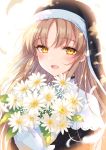  2980 :d blush brown_eyes eyebrows eyebrows_visible_through_hair flower gloves highres holding holding_flower light_brown_hair long_hair looking_at_viewer nijisanji nun open_mouth sister_cleaire smile virtual_youtuber white_gloves 