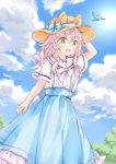  1girl :d animal animal_ear_fluff animal_ears arm_up bangs bird blue_bow blue_skirt blue_sky bluebird blush bow brown_eyes brown_headwear clouds cloudy_sky commentary_request day ears_through_headwear eyebrows_visible_through_hair frilled_skirt frills hair_between_eyes hand_on_headwear hat hat_bow long_hair looking_away open_mouth original outdoors pink_hair sailor_collar shirt short_sleeves skirt sky smile solo sun_hat suspender_skirt suspenders wataame27 white_bow white_sailor_collar white_shirt wolf-chan_(wataame27) wolf_ears 