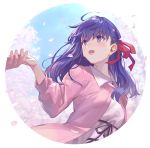  1girl 1other :d blue_sky blush day dress fate/stay_night fate_(series) fingernails framed hair_ribbon holding_hand jacket long_hair long_sleeves matou_sakura open_clothes open_jacket open_mouth outdoors pink_jacket purple_hair red_ribbon ribbon shirabi sky smile violet_eyes white_dress 