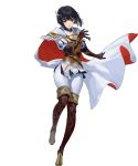  1girl alternate_costume armor bangs belt black_eyes black_hair boots cape elbow_gloves feather_trim fire_emblem fire_emblem:_thracia_776 fire_emblem_heroes full_body gloves hair_ornament highres lips official_art olwen_(fire_emblem) pants puffy_sleeves red_lips shiny shiny_hair short_hair shoulder_armor skin_tight solo striped thigh-highs thigh_boots thigh_gap transparent_background vertical_stripes white_pants 