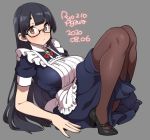  1girl 2020 agawa_ryou artist_name black-framed_eyewear black_footwear black_hair blush breasts brown_eyes eyebrows_visible_through_hair glasses large_breasts long_hair looking_at_viewer maid original pantyhose signature solo thighs very_long_hair 