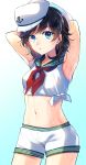  1girl armpits arms_behind_head arms_up black_hair blue_eyes cowboy_shot crop_top eyebrows_visible_through_hair green_sailor_collar highres kaede_(mmkeyy) looking_at_viewer midriff murasa_minamitsu navel neckerchief parted_lips red_neckwear sailor_collar shorts sleeveless solo touhou white_shorts 