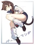  1girl animal_ears bangs between_legs black_footwear blue_sailor_collar border breasts brown_hair cat_ears cat_girl cat_tail character_request commentary_request crop_top from_side frown full_body green_eyes gun hair_between_eyes hair_ribbon hand_between_legs kawaii_rowa loose_socks medium_breasts panties pantyshot paper_man pleated_skirt ribbon sailor_collar school_uniform serafuku shirt short_sleeves skirt solo tail thighs translation_request tress_ribbon underwear weapon white_background white_legwear white_shirt 