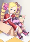  1girl absurdres beatrice_(re:zero) blonde_hair blue_eyes blush box closed_mouth crown drill_hair eyebrows_visible_through_hair hair_ornament hair_ribbon high_heels highres in_box in_container indoors konishi_(565112307) long_hair looking_at_viewer pantyhose re:zero_kara_hajimeru_isekai_seikatsu ribbon shiny shiny_hair smile solo striped striped_legwear twin_drills twintails 