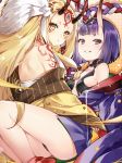  2girls ass back bangs blonde_hair breasts chinese_commentary eyeliner facial_mark fate/grand_order fate_(series) grin hair_ornament hikimayu horns ibaraki_douji_(fate/grand_order) long_hair looking_at_viewer makeup multiple_girls oni oni_horns pointy_ears pout purple_hair short_hair shuten_douji_(fate/grand_order) smile tattoo vilor violet_eyes yellow_eyes 