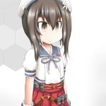  1girl blue_sailor_collar brown_eyes brown_hair commentary_request cosplay depth_charge empty_eyes flat_chest flower gloves hair_flower hair_ornament honeycomb_(pattern) honeycomb_background kantai_collection ouno_(nounai_disintegration) pleated_skirt puffy_short_sleeves puffy_sleeves red_skirt sailor_collar sailor_shirt shirt short_sleeves skirt solo taihou_(kantai_collection) white_background white_gloves yashiro_(kantai_collection) yashiro_(kantai_collection)_(cosplay) 