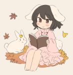  1girl :3 animal_ears barefoot black_hair blush_stickers book bunny_tail chibi closed_mouth dress grey_background holding inaba_tewi inazakura00 leaf leaf_on_head long_sleeves maple_leaf open_book pink_dress rabbit rabbit_ears reading red_eyes simple_background sitting smile solo tail touhou wide_sleeves 
