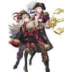  1boy 1girl bangs blonde_hair boots detached_sleeves fire_emblem fire_emblem_fates fire_emblem_heroes full_body grey_hair hat highres knee_boots long_sleeves official_art pants pirate_hat red_eyes red_legwear skirt thigh-highs transparent_background veronica_(fire_emblem) xander_(fire_emblem) zettai_ryouiki 