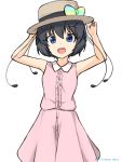  1girl :d absurdres alternate_costume antennae arms_up bangs bare_arms black_hair blue_eyes bow casual center_frills eyebrows_visible_through_hair hair_between_eyes hands_on_headwear hat hat_bow highres kemono_friends looking_at_viewer multicolored_bow open_mouth pink_shirt pink_skirt shiraha_maru shirt short_hair simple_background skirt sleeveless sleeveless_shirt smile solo twitter_username western_parotia_(kemono_friends) white_background 