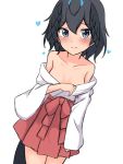  1girl absurdres alternate_costume bangs bare_shoulders black_hair blue_eyes blush breasts collarbone eyebrows_visible_through_hair greater_lophorina_(kemono_friends) hair_between_eyes head_wings heart highres kemono_friends looking_at_viewer off_shoulder red_skirt shiraha_maru shirt short_hair simple_background skirt smile solo white_background white_shirt 