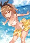  1girl atelier_(series) atelier_ryza bikini black_hairband blue_sky breasts brown_eyes brown_hair clouds collarbone commentary_request day eyebrows_visible_through_hair hair_ornament hairband hairclip highres large_breasts looking_at_viewer navel ocean outstretched_arms reisalin_stout short_hair sky solo standing swimsuit white_bikini yagi2013 