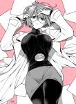  1girl blue_eyes breasts cowboy_shot eyebrows_visible_through_hair eyes_visible_through_hair freckles glasses greyscale heris_ardebit labcoat large_breasts long_hair looking_at_viewer lying monochrome on_back open_mouth pantyhose paper promare short_hair skirt solo takatsuki_ichi 