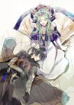  1boy 1girl armor blue_hair byleth_(fire_emblem) byleth_eisner_(male) closed_eyes crown dagger dress fire_emblem fire_emblem:_three_houses flower green_hair hair_flower hair_ornament hand_on_another&#039;s_head highres lap_pillow long_hair nintendo oragamura999 rhea_(fire_emblem) short_hair simple_background sitting sleeping smile tiara weapon 