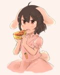  1girl ahoge animal_ears brown_hair bunny_tail carrot_necklace cowboy_shot dress eating food hands_up inaba_tewi inazakura00 looking_at_viewer open_mouth pink_dress puffy_short_sleeves puffy_sleeves quiche rabbit_ears red_eyes short_sleeves simple_background solo tail touhou white_background 