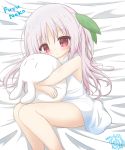  1girl bangs bare_arms bare_legs bare_shoulders bed_sheet blush closed_mouth dress eyebrows_visible_through_hair feet_out_of_frame fuyuno_usako grey_hair hair_between_eyes hair_ornament highres leaf_hair_ornament long_hair looking_at_viewer lying object_hug on_side one_side_up original parted_bangs red_eyes rinechun rinechun&#039;s_blonde_dog_girl sleeveless sleeveless_dress smile solo stuffed_animal stuffed_bunny stuffed_toy very_long_hair white_dress 