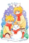  1boy 1girl artist_name blonde_hair blue_eyes blush boots bow branch brother_and_sister brown_shorts brown_sweater closed_mouth commentary dated dated_commentary full_body fur-trimmed_boots fur_trim hair_between_eyes hair_bow hair_ornament hairclip hat kagamine_len kagamine_rin kariki_hajime one_knee open_mouth red_footwear red_scarf scarf short_hair shorts siblings smile snow snowing snowman standing sweater twins vocaloid wavy_mouth white_background white_bow winter 