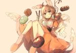  1girl absurdres ahoge animal_ears blush bread brooch diadem dress food grey_background highres holding inazakura00 jewelry long_dress long_hair looking_at_viewer melon_bread open_mouth orange_dress original parted_lips puffy_short_sleeves puffy_sleeves rabbit_ears sash short_sleeves simple_background solo violet_eyes 