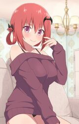  1girl bangs bare_shoulders bat_hair_ornament black_bra black_panties blush bra breasts closed_mouth collarbone couch eyebrows_visible_through_hair gabriel_dropout hair_between_eyes hair_ornament hair_rings hand_up highres indoors kurumizawa_satanichia_mcdowell large_breasts long_hair long_sleeves looking_at_viewer nyaroon off-shoulder_sweater off_shoulder on_couch panties pink_eyes raised_eyebrows redhead shiny shiny_hair sitting sleeves_past_wrists smile solo sweater thighs underwear 